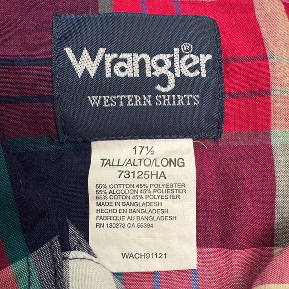 Wrangler Western Pearl Button Down Shirt Mens 17.5 Tall Red Plaid Short Sleeve - Picture 8 of 13
